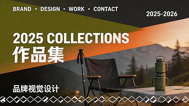 作品集封面，融合几何分割与户外机能两大风格。背景：下半部分为暗调山野露营实景，包含折叠露营椅、登山杖、拓野品牌户外水杯堆叠、石质桌面，上半部分为深橄榄绿加炭黑几何斜切块面，中间用亮橙渐变线条过渡，形成场景与几何的视觉平衡。文字内容：主标题居中偏左，大号粗体英文"2025 COLLECTIONS"加粗中文"作品集"，白色字体，中文笔画做斜切处理。导航栏顶部小字"BRAND / DESIGN / WORK / CONTACT"，白色无衬线字体，用圆点分隔。右上角"2025-2026"，左下角"品牌视觉设计"，白色字体。装饰：底部加入菱形加斜切线条连续排列，强化机能感。风格：极简几何加户外机能的平衡融合，高辨识度，符合拓野品牌调性，适合完整设计作品集，高清渲染，暖调光影。
