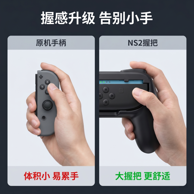 [主图 3] NS2手柄握把舒适握持对比图。
[氛围风格] 理性对比，科技质感
[画质] 商业渲染，清晰真实，对比鲜明
[元素] 双栏对比构图，左侧展示原机小手柄握持效果，右侧展示安装NS2握把后的握预览效果