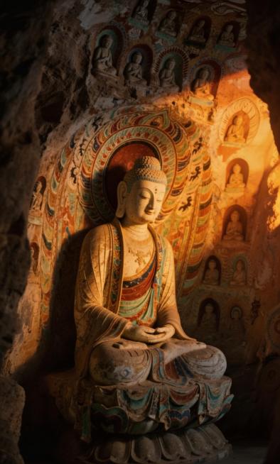 让图片呈现真实拍照场景，佛像立体细节，优化光影，添加黄昏侧光图层，打造“一半亮一半暗”的光影效果，超清呈现，保留原有石窟佛像内容预览效果