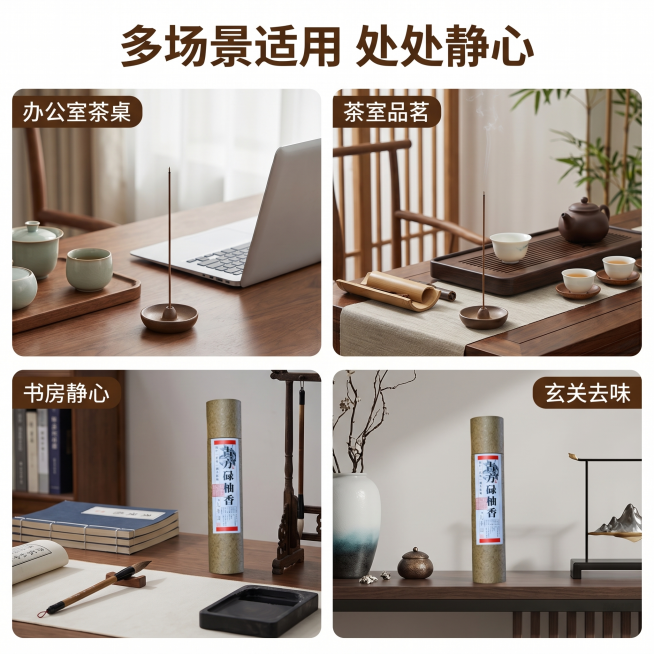 [主图 4]多场景适用展示，延续新中式禅意沉稳风格，商业摄影质感，用四宫格展示四个适用场景，分别是办公室茶桌、茶室品茗、书房静心、玄关去味，每个场景都有本品线香产品展示，保持所有场景中产品外观与输入产预览效果