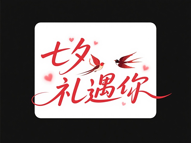 文字“七夕礼遇你”，文字穿插点缀爱心和两只喜鹊。高级感，白底红字。