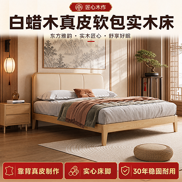 [单张主图] 白蜡木真皮软包实木床，高级氛围感主图，用于拼多多平台商品展示。
[画面主体] 白蜡木真皮软包实木床，保持床原有的角度和款式不变，外观物理结构、材质质感、颜色与输入产品图绝对一致，杜绝任何变形和色差，精细化处理。床完整展示在画面中，商品主体占比约65%，位于画面中心。
[构图版式] 采用顶部大标题型版式，顶部28%区域放品牌和主标题，中部展示产品与场景占55%，底部17%放卖点信息通栏。
[场景元素] 背景更换为国潮新中式装修风格卧室，整体空间搭配融入传统中式元素，对称结构、实木线条，搭配宣纸质感挂画、山水装饰、原木质地板，营造典雅温馨的东方家居氛围，软装搭配丰富层次分明，产品与场景自然融合。
[文案版式] 顶部放主标题"白蜡木真皮软包实木床"，大字粗体。图片下方放置三个卖点，采用红底金字设计，文字内容为：靠背真皮制作 实心床脚 30年稳固耐用，每个卖点独立小块，排列整齐清晰，文字清晰可辨，不遮挡产品主体。
[光影质感] 温馨暖调自然光，午后慵懒光斑透过纱窗斜射进来，光线柔和通透，产品清晰真实，皮艺和实木纹理高光自然，暗部层次分明，画面干净高级，景深适中，背景柔和虚化。
[配色字体] 主色调为原木浅米暖棕，背景点缀国潮红色和墨黑，文字卖点红底金字形成高对比，字体采用粗厚无衬线，主标题大卖点小，层级分明。
[比例分辨率] 1:1 比例，2048x2048分辨率，2K，文字清晰可辨，超高清画质。
[负向提示词] 变形，水印，文字错乱，产品图模糊，背景杂乱，错字，主体遮挡，错误结构，改变床角度款式