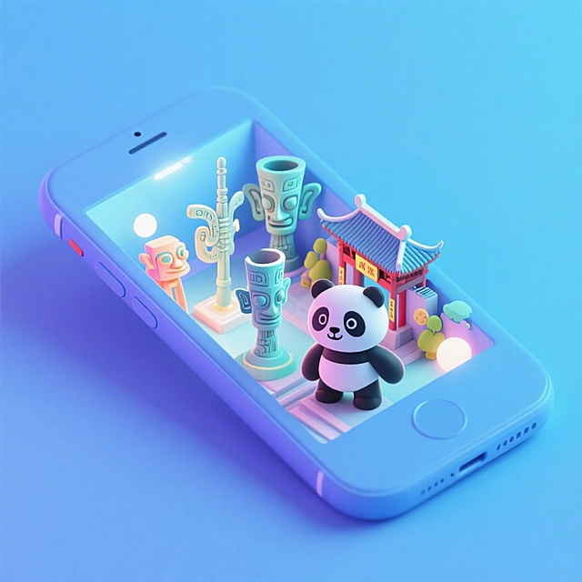 一个手机创意微缩场景，手机平放，侧面对着观众，手机俯视角度，立体的成都景观从屏幕内出来，有熊猫，三星堆，武侯祠，整体色调立体魔幻。青色背景。具有梦幻感,打光营造出柔和氛围强调梦幻和未来感的美学。