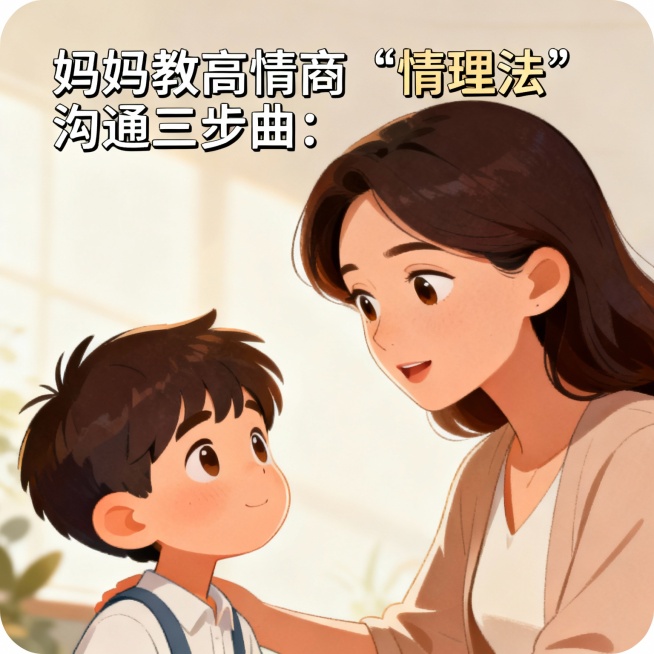 （配图建议：圆角插画｜画面：妈妈温柔坚定的眼神教男孩，男孩自信又崇拜表情｜标注：“妈妈教高情商 “情理法” 沟通三步曲：”）预览效果