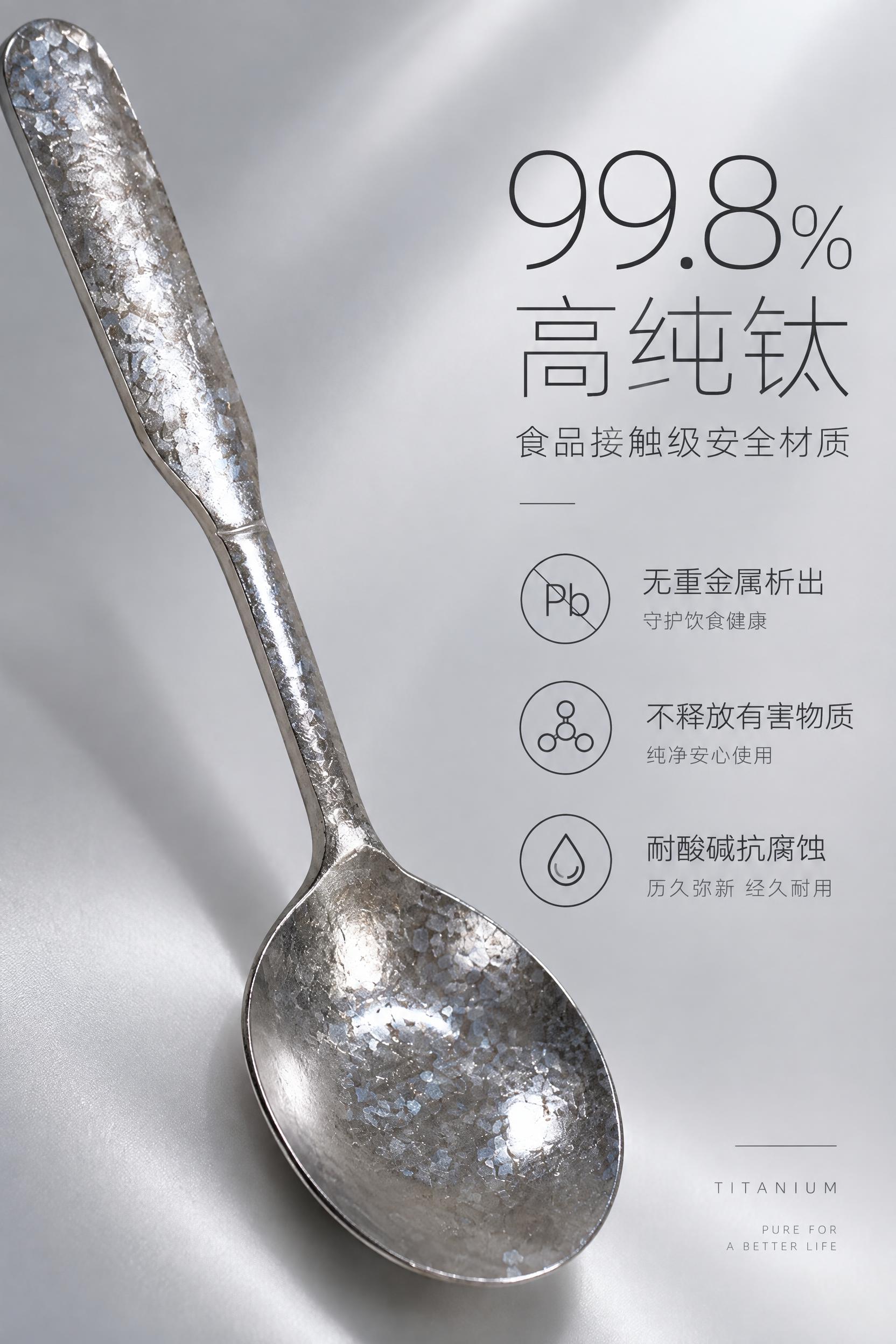 材质解析屏。基于上传的银色手柄纯钛冰花勺子产品图，去掉原背景包… - 图片创意预览
