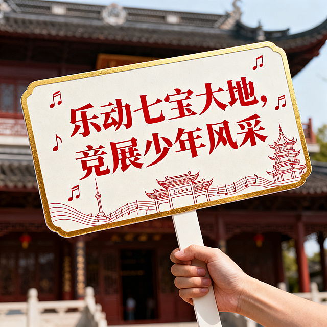 设计歌唱比赛手举手持牌，国风简约风格，主体文字"乐动七宝大地，竞展少年风采"，搭配简约歌唱音符上海七宝古镇元素，色彩大气庄重醒目，适合手持拍照