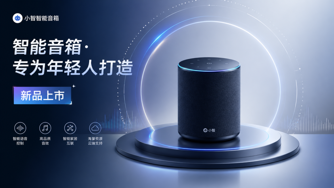 网幅广告banner，小智智能音箱产品广告，产品放置在画面中心，整体风格时尚简约雅致，科技感，面向年轻人，背景简洁大气带有未来科技元素，画面上清晰配文"智能音箱·专为年轻人打造，新品上市"，高级一流审预览效果