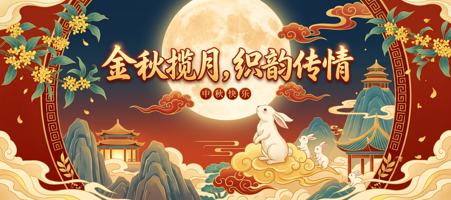 中秋主题公众号头图，包含传统中秋元素，圆月、玉兔、祥云、桂花等中式国风元素，标题为"金秋揽月，织韵传情"，文字排版在画面醒目位置，整体风格大气雅致，配色为传统金色和朱红色，适用于公众号顶部展示预览效果