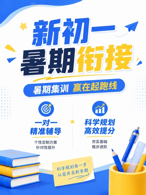参考两张模板的蓝黄配色、文案密度和排版结构，制作新初一暑期衔接集训海报，采用双栏对称布局放置两个核心卖点，保持文案数量和参考模板一致，整体风格统一，布局和参考模板不同样，3:4比例，蓝黄清新教育风，画预览效果