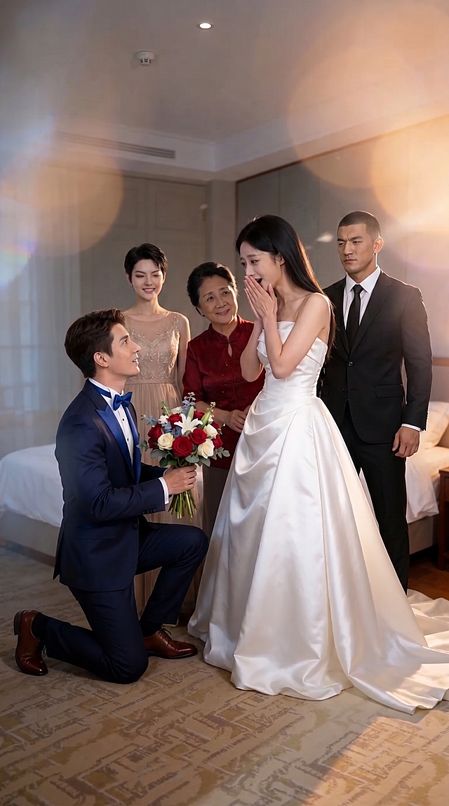将图一中的许哲（黑衣男士）和图二中的短发女士合成添加到图三中，让两人站在图三现有三个人物的身后，保持整体画面自然协调，光影和风格一致