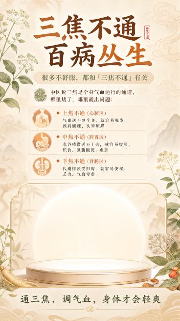 中医养生海报，主题三焦不通养生科普推广，整体风格自然养生风，上方大字标题写"三焦不通 百病丛生"，副标题写"很多不舒服，都和「三焦不通」有关"，接着写文案："中医说三焦是全身气血运行的通道，哪里堵了，预览效果