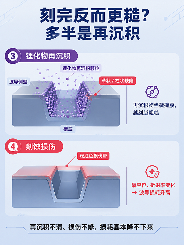 LNOI刻蚀难点三+四：锂化物再沉积与刻蚀损伤科普海报，扁平插画风格，科技感专业简洁。背景为浅灰蓝渐变（#EDF1F6 → #D8E2EE，自上而下）。画面顶部标题，深蓝#1F3A5F加粗大字居中，文字内容为"刻完反而更糙？多半是再沉积"。标题下方画面分上下两段：上段（锂化物再沉积主题，紫系#7B5EA7标识）：波导侧壁与槽底附着再沉积颗粒（紫系小圆点），生长成草状/柱状缺陷，红色#D64545标注"草状 / 柱状缺陷"，旁边小字说明"再沉积物当微掩膜，越刻越粗糙"。下段（刻蚀损伤主题，红色#D64545标识）：薄膜表面一层浅红损伤带，标注文字"氧空位、折射率变化 → 波导损耗升高"。画面底部有一句话总结，黑色#262626字，文字内容为"再沉积不清、损伤不修，损耗基本降不下来"。整体版式精美，上下两段对比，层级分明，专业科技感。画面中所有文字必须清晰可读，精确渲染。画面中所有信息区域必须填充完整合理的内容，不得出现空白框或占位。