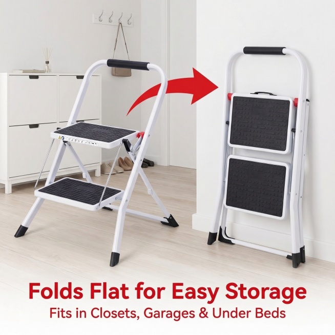 跨境电商双层折叠脚踏梯主图6，左侧展示展开使用状态的梯子，右侧展示折叠后靠在墙面的形态，用红色箭头标注折叠过程，底部悬浮英文文案"Folds Flat for Easy Storage"，下方补充小字预览效果