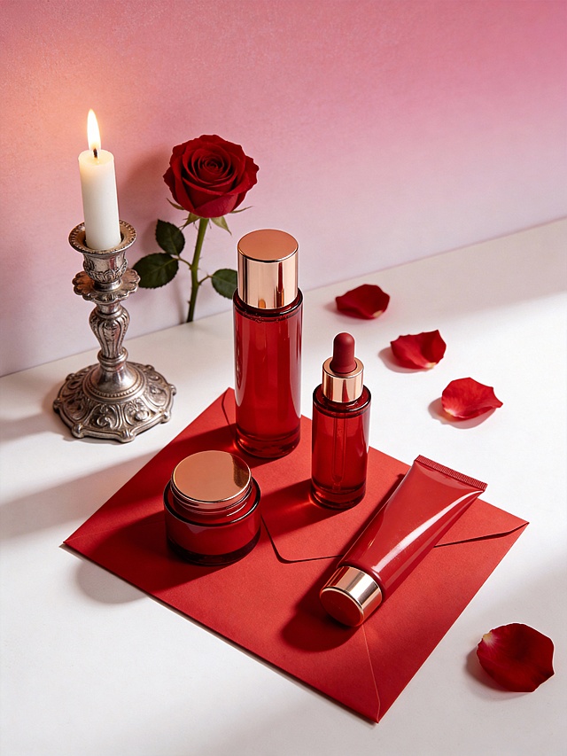 温柔治愈系商业静物摄影风格，画面以柔和渐变的粉红色为背景主色调，搭配深邃酒红与金属银作为视觉点缀，整体色调浪漫且富有层次感。采用平视略俯视的视角，主体错落分布于画面中央的红色信封之上，呈自然直立角度，占据视觉核心区域，大小适中。左侧搭配复古银色烛台与点燃的白色蜡烛，后方点缀单支红玫瑰与散落的玫瑰花瓣，背景为带有细腻肌理的渐变粉色墙面。采用柔和的侧逆光结合均匀补光，营造出细腻的明暗层次与柔和阴影，主体与温馨浪漫的场景融为一体，充满治愈感与氛围感。