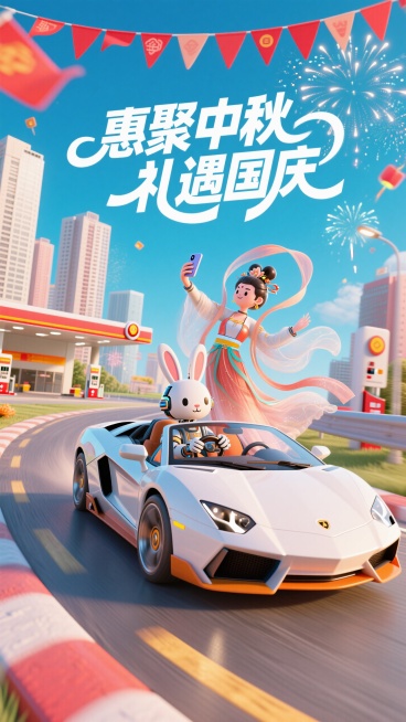 大师级排版设计，字体标志"惠聚中秋 礼遇国庆"，创意字体设计，线条流畅且富有艺术感，将字体进行抽象变形，创造出独特的节奏和动感，给人以强烈的视觉冲击。流畅扁平字，白色文字，高级感。嫦娥穿着带有仙气飘带预览效果