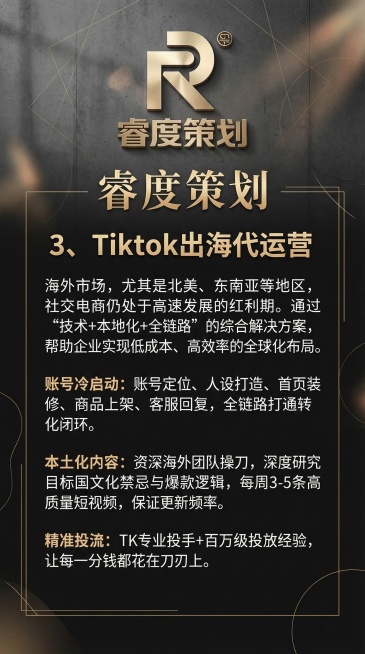 设计一张微信朋友圈竖版品牌宣传海报，以用户提供的金色R字母睿度策划LOGO作为核心视觉放在海报上方，整体风格高级时尚、现代简约、干净轻奢、高级商务。添加深灰色简约质感背景，搭配精致线条、柔和光影与抽象预览效果