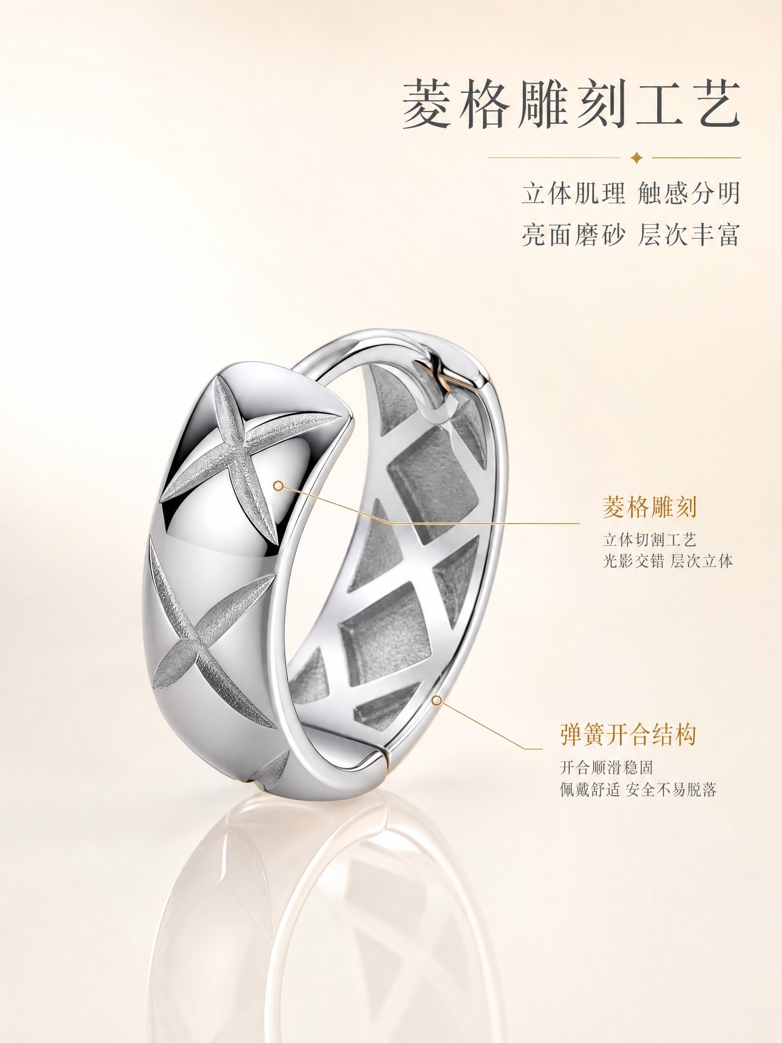 [主图-2] 菱格纹银色耳扣 核心亮点 材质与工艺展示。 [统… - 图片创意预览