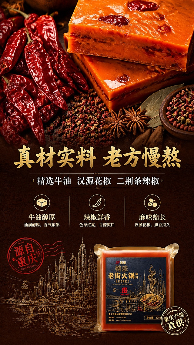 [第2屏] 详情页成分产地屏-饭巢火锅底料原料展示。本屏为成分/产地专屏，以原料实拍为主视觉，产品包装作辅助小图。
[氛围/风格] 食材微距真实感，重庆产地烟火气，商业摄影质感。
[元素布局] 画面上半部分为大块牛油块、干红辣椒、汉源花椒、八角桂皮等香料平铺俯拍，原料占主视觉约60%；牛油块切面油润透亮，辣椒褶皱清晰，花椒颗粒饱满；下半部分左侧为重庆山城江景线稿剪影+「源自重庆」印章；右侧小图嵌入【图1】火锅底料包装缩略图，占比约15%；原料元素放大占屏，单种原料元素占屏≥30%。
[光影质感] 顶部柔光均匀打亮食材，牛油表面有高光反射，辣椒呈现自然褶皱阴影，整体通透有层次。
[配色色系] 全局底色 #2B1810 深棕红；主色辣椒红、牛油金；辅助色深褐、米白。
[视角构图] 上俯拍下平视结合，阅读动线上半原料 → 中部标题 → 下半产地与产品。
[文字版式] 中部横置标题：主标题「真材实料 老方慢熬」金色书法黑体；副标题「精选牛油 汉源花椒 二荆条辣椒」白色宋体；下方三栏图标+短句：「牛油醇厚」「辣椒鲜香」「麻味绵长」，每栏配原料小icon；右下角「重庆产地直供」印章样式。字体与首屏统一，字色金、白。
[比例分辨率] 9:16 竖版比例，4K 分辨率，文字清晰可辨。
[负向提示词] 原料失真，包装错乱，水印，文字模糊，颜色灰暗，背景杂乱。