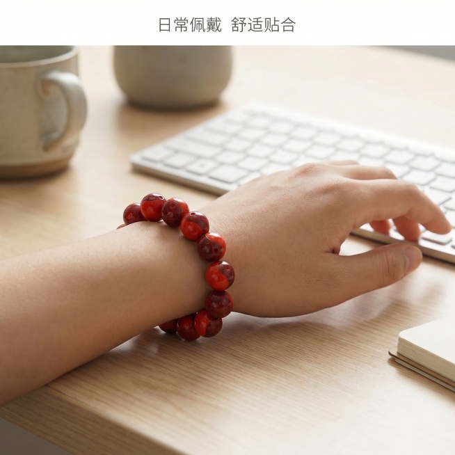 [主图 7] 女士上手佩戴效果展示
[氛围/风格] 生活化自然氛围感，真实展示佩戴效果
[画面元素] 展示年轻女性手腕佩戴手串的效果，保持手串原有外观不变，女性手部肤色自然，背景为简约办公桌面，呈现日预览效果