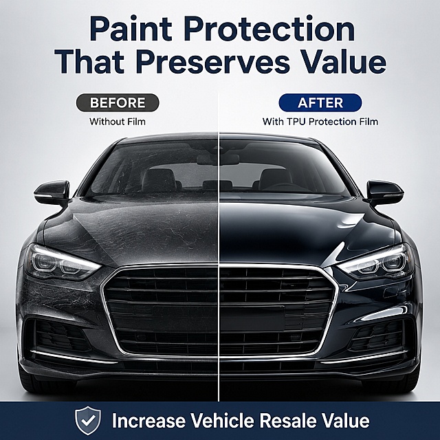[Main image 6] Before vs After comparison for the car paint with our TPU protection film. Left side: original car paint without film, dull and with fine scratches. Right side: after applying our TPU film, glossy smooth bright finish. Top title "Paint Protection That Preserves Value". Bottom highlight text "Increase Vehicle Resale Value". Low gradient light gray background, clear comparison, text clear and legible. 1:1 square ratio, ultra high definition commercial photography quality. Negative prompt: distortion, text disorder, blurry product, messy background, watermark, e-commerce platform logo.
