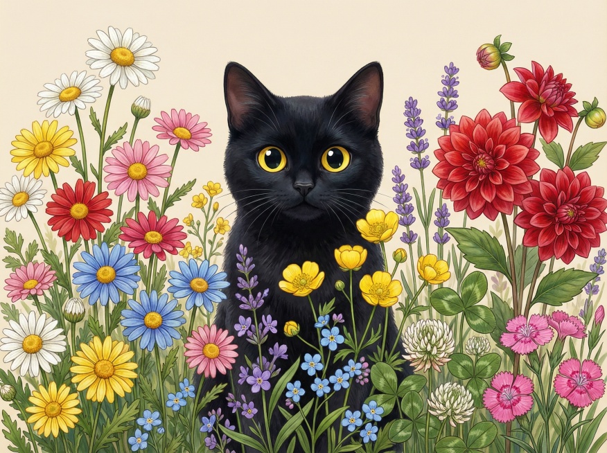画面中间是一只卡通可爱的黑色的猫，眼睛是明亮的黄色，猫咪在花丛中探出半个身体，身体下半部分被花朵遮挡。猫咪被一片野花花海环绕，包含多种色彩鲜艳的花卉：各色雏菊（白、黄、粉、红、蓝）、红色大丽花、黄色毛预览效果