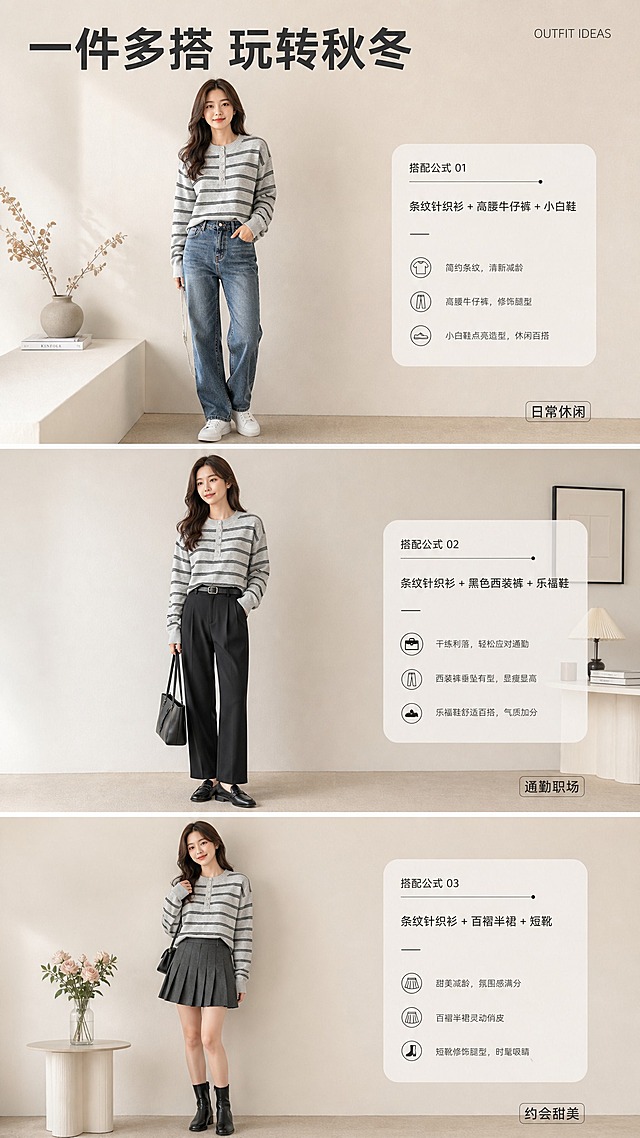 [商品] 使用【图1】浅灰色底黑色细横条纹亨利领针织衫；商品处理：保留圆领亨利领五颗纽扣门襟、长袖、罗纹收口、黑白细横条纹图案、浅灰色底色、针织面料和宽松版型；自然去除衣身杂乱褶皱与压痕，理顺垂坠，增强针织纹理、缝线和纽扣质感，不改变版型、颜色和结构。
[画面] 目标：搭配灵感页，提供多场景穿搭方案。构图：上中下三段式，展示亚洲女模特3套不同搭配造型：上段配高腰牛仔裤+小白鞋（休闲日常），中段配黑色西装裤+乐福鞋（通勤职场），下段配百褶半裙+短靴（约会甜美）；每套造型占画面约30%，同款条纹针织衫保持不变，仅下装和鞋履变化。背景为统一浅米灰调简约场景。
[视觉] 套系策略：风格=韩系松弛感高级商业摄影；标题字=现代简约无衬线粗体；正文字=纤细无衬线体；主色=浅米灰；背景延展=基于浅米灰做深浅层级、同色渐变和细腻纸张/织物质感；强调色=炭黑色，仅用于小面积图标、引线和标签；标题色=深炭灰；正文色=中暖灰；组件=圆角浅底信息卡、细线引线；光影=左前侧暖柔光，自然柔和。
[文字] 顶部主标题「一件多搭 玩转秋冬」，每套搭配右下角配小号场景标签：「日常休闲」「通勤职场」「约会甜美」。右上角小号英文装饰「OUTFIT IDEAS」。文字全部横排，不遮挡人物和服装主体。
[规格] 图片比例9:16竖版，2K分辨率，避免变形、错字、文字过小、冷蓝/蓝灰背景、衣服颜色改变、版型失真、极限词。