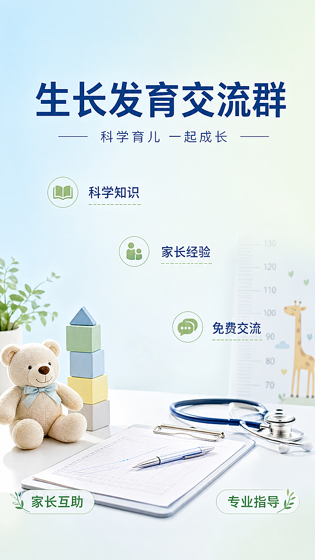 简约清新专业风格生长发育群宣传海报，写实商业摄影风格，画面顶部留白居中放置大字号主标题"生长发育交流群"，主标题下方放置副标题"科学育儿 一起成长"，画面左下角和右下角放置装饰文案标签"家长互助""专业指导"，画面中部分散放置卖点文字：科学知识，家长经验，免费交流。背景采用浅蓝到浅绿柔和渐变，整体干净简洁专业，符合医疗健康育儿调性，构图精简，所有元素与育儿主题相关，文字清晰可读不重叠，分辨率超高清，画面比例9:16。