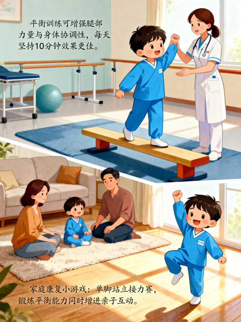 参赛级儿童物理治疗科普故事图文第4-6页，和前3页画风统一精致温馨，第4页：小宇在康复师姐姐的鼓励下开心做平衡训练，旁边配文讲解该训练的作用和康复小知识；第5页：小宇在家按照学到的方法和爸爸妈妈一起做预览效果