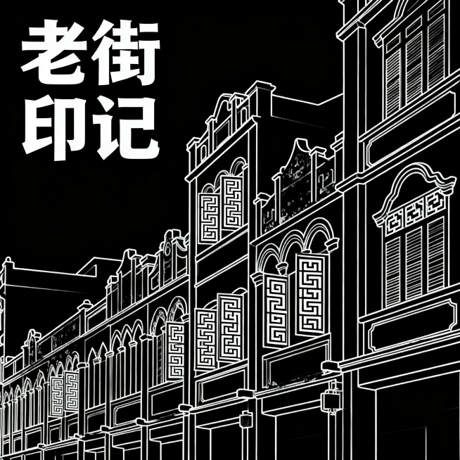 黑白设计图案，主题《老街印记》，融合北海骑楼建筑轮廓与广西京族传统回纹，将回纹作为骑楼窗框肌理，整体线性概括北海老街历史印象，纯黑白配色预览效果