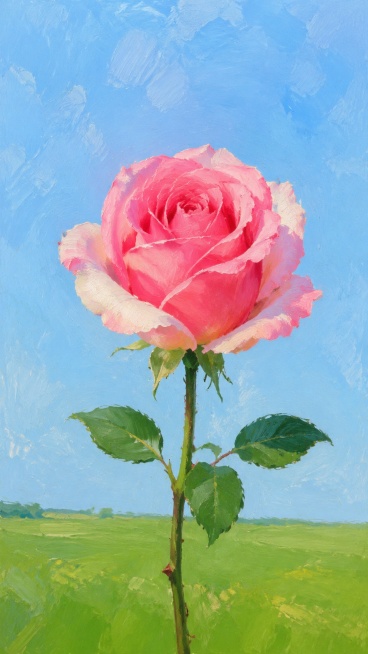 生成单只粉色渐变玫瑰花，和参考图风格一致，保持油画质感，玫瑰花位于画面中心作为主体，背景是浅蓝色天空和绿色草地，干净简洁预览效果