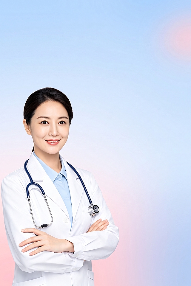 去除图中所有文字信息，只保留原图片的医生人像和渐变背景底图，保持原图像风格和内容不变