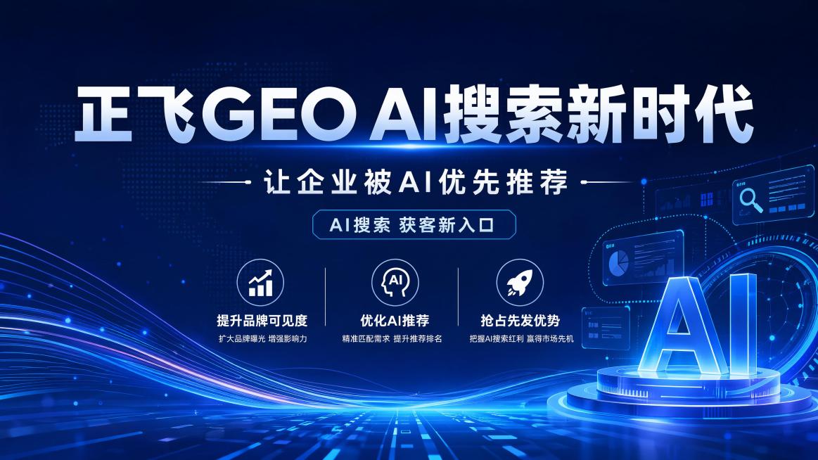 现代科技商业风格横版品牌宣传封面，主视觉为大标题“正飞GEO AI搜索新时代”，副标题“让企业被AI优先推荐”，装饰小字“AI搜索 获客新入口”，卖点为“提升品牌可见度 优化AI推荐 抢占先发优势”。预览效果
