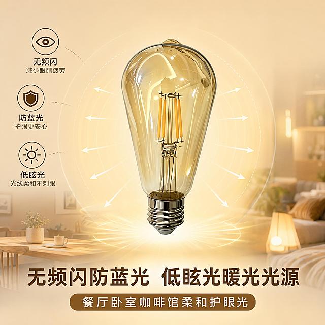 无频闪防蓝光，低眩光暖光光源，浅渐变背景，搭配光线扩散示意图，体现护眼属性，卖点文字'无频闪防蓝光 低眩光暖光光源 餐厅卧室咖啡馆柔和护眼光'，保持商品主体外观颜色不变，1:1正方形