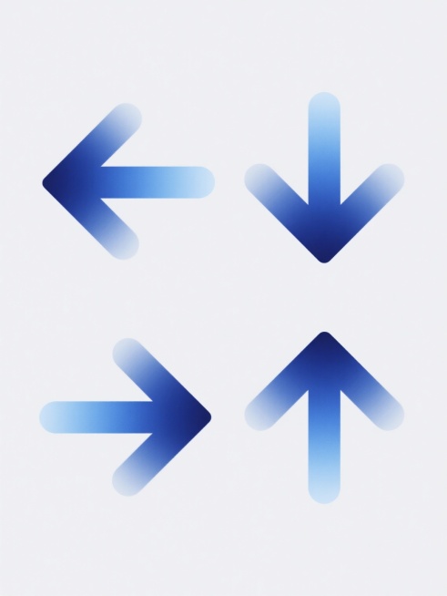 白色背景上，四个规整排布的现代简约风格图标组成的系列素材集合，每个图标均采用从深蓝色到浅蓝色的渐变填充，线条平滑流畅，具有半透明磨砂质感，无任何文字和装饰元素，分别为：向左的箭头、向下的箭头、向右的箭头、向上的箭头，整体设计简洁干净，视觉层级清晰，信息传达高效。预览效果