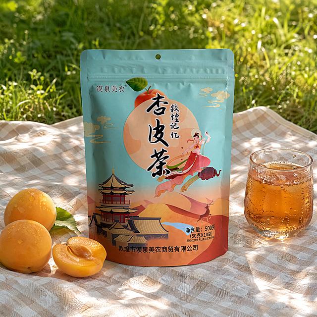 超写实食品饮料场景摄影。
主体：杏皮茶包装袋严格参照上传产品图，完整保留所有可见组件、轮廓、结构、比例、材质、颜色与产品本体上的文字信息（logo/品牌名/产品名/净含量/图案等），与上传图完全一致；自然融入场景光影，与场景共处同一物理空间。产品占画面约60%，完整不裁切，中景构图，背景无其他同类食品包装。
构图：45度俯拍，黄金分割构图。
风格：清爽夏日国潮风。
场景：户外野餐场景，阳光明媚的午后草坪。
环境材质：①产品下方，米白格纹野餐布，棉麻质感；②左侧，新鲜黄杏两三颗，表皮带绒毛与水珠；③右侧，透明玻璃杯盛有琥珀色杏皮茶，杯壁冷凝水珠；④后方，浅绿草叶与树影光斑。
动态生机：切开的多汁鲜杏，果肉饱满汁水充盈；杯壁细密冷凝水珠；阳光透过树叶形成波光焦散。
配色/材质：暖橙 / 杏黄 / 草绿 / 米白；哑光塑料包装袋 / 新鲜水果 / 玻璃 / 棉麻布 / 青草。
光影：主光从右上方45°斜射的午后阳光，暖调明亮，在野餐布上投下柔和树影；辅光为环境漫反射，整体通透清爽，无硬阴影。
参数：4K 写实光追。严格锁定宽高比为 1:1。