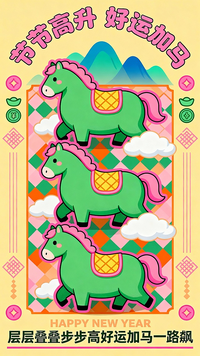 插画风结合国潮元素，描边卡通马层层叠叠，喜庆色彩搭配几何背景，剪纸风格装饰点缀，传递新年好运加马的可爱祝福。