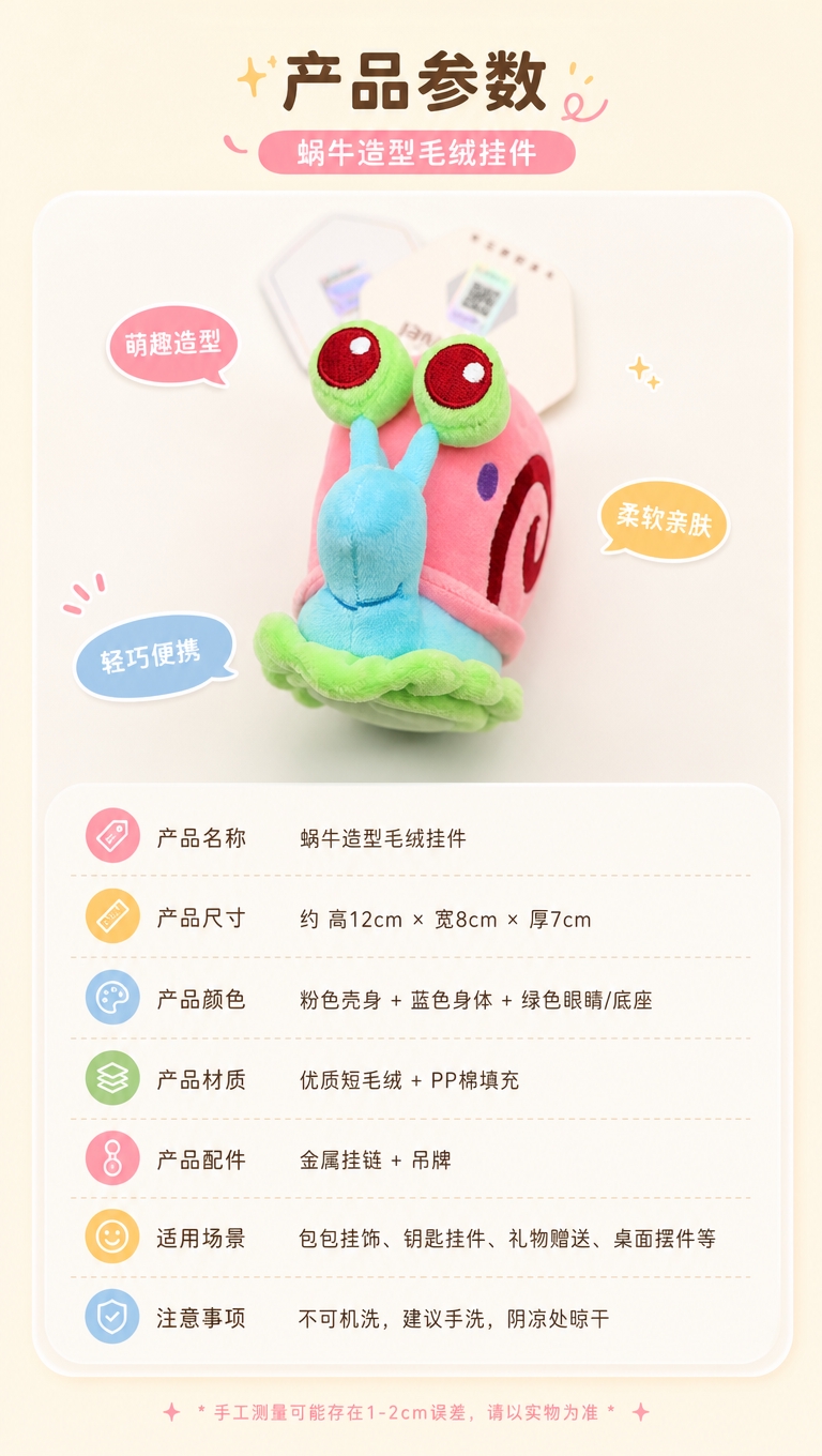 电商详情页产品参数图，上方展示蜗牛造型毛绒挂件产品，下方信息区… - 图片创意预览