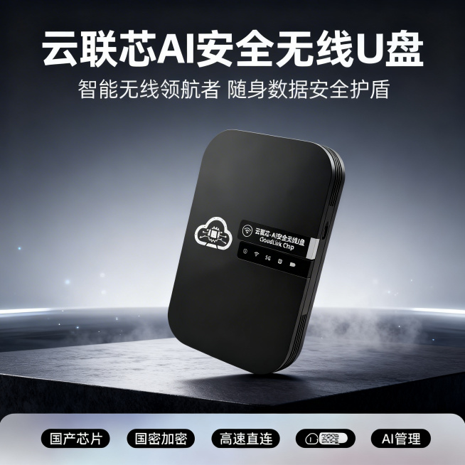 [主图 1] 云联芯AI安全无线U盘产品首图
[氛围风格] 科技商务风格，冷调高级质感，专业数码产品展示
[画面元素] 商业摄影质感、光线柔和通透、产品清晰真实、画面干净高级。云联芯AI安全无线U盘倾预览效果