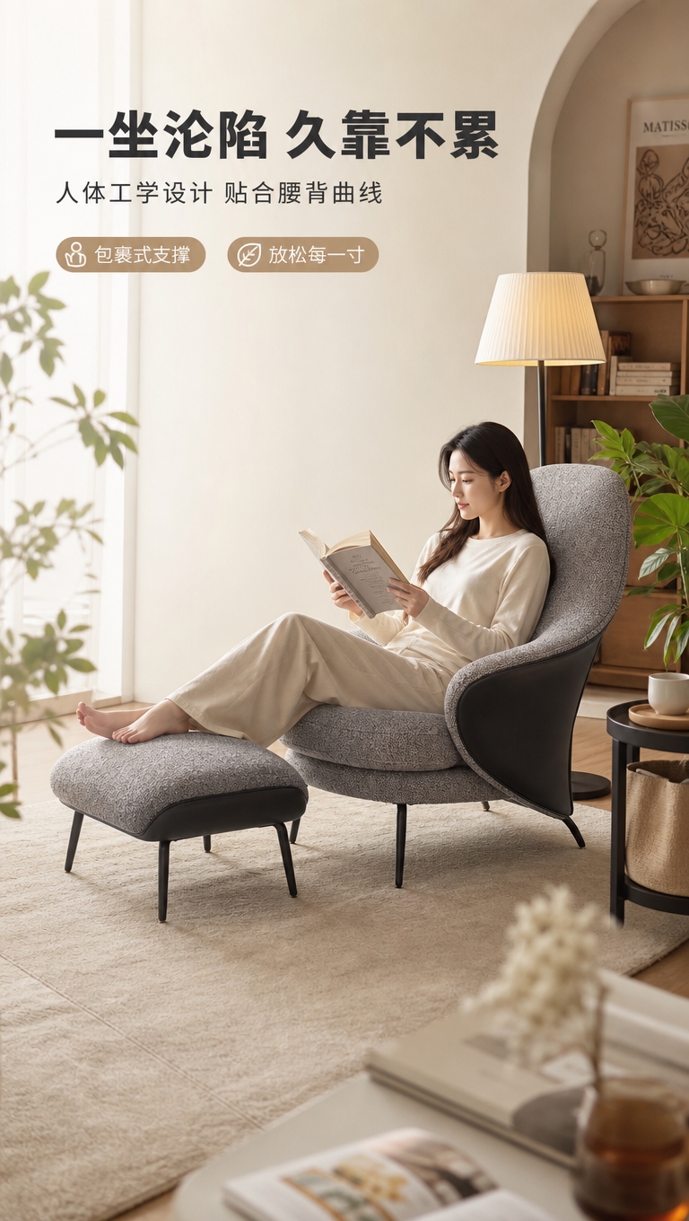 [商品] 使用【图1】灰色布艺休闲椅及配套脚踏；保留弧形高靠背… - 图片创意预览