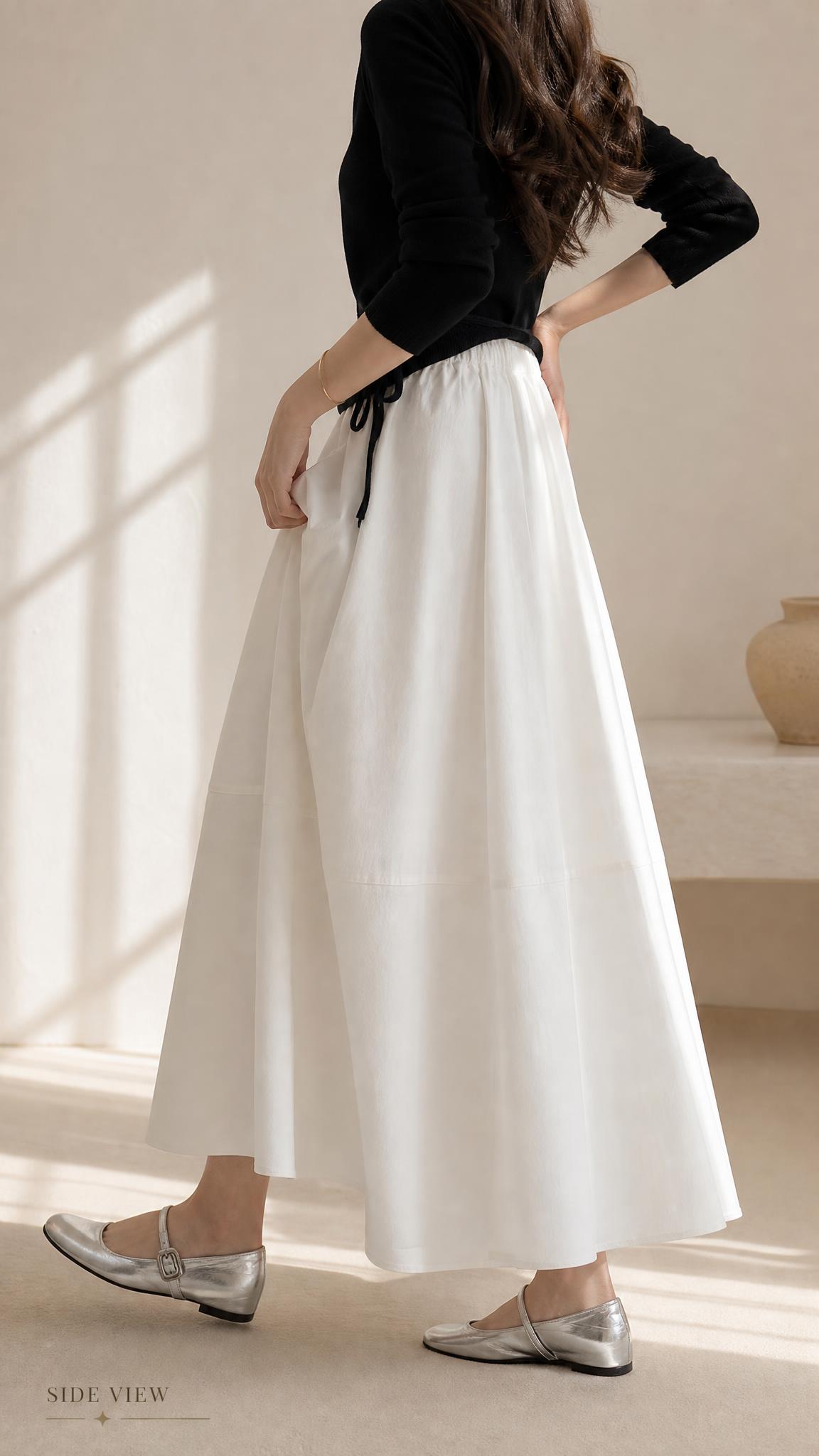 [商品] 使用【图3】白色高腰A字半身长裙模特侧面穿搭；商品处… - 图片创意预览