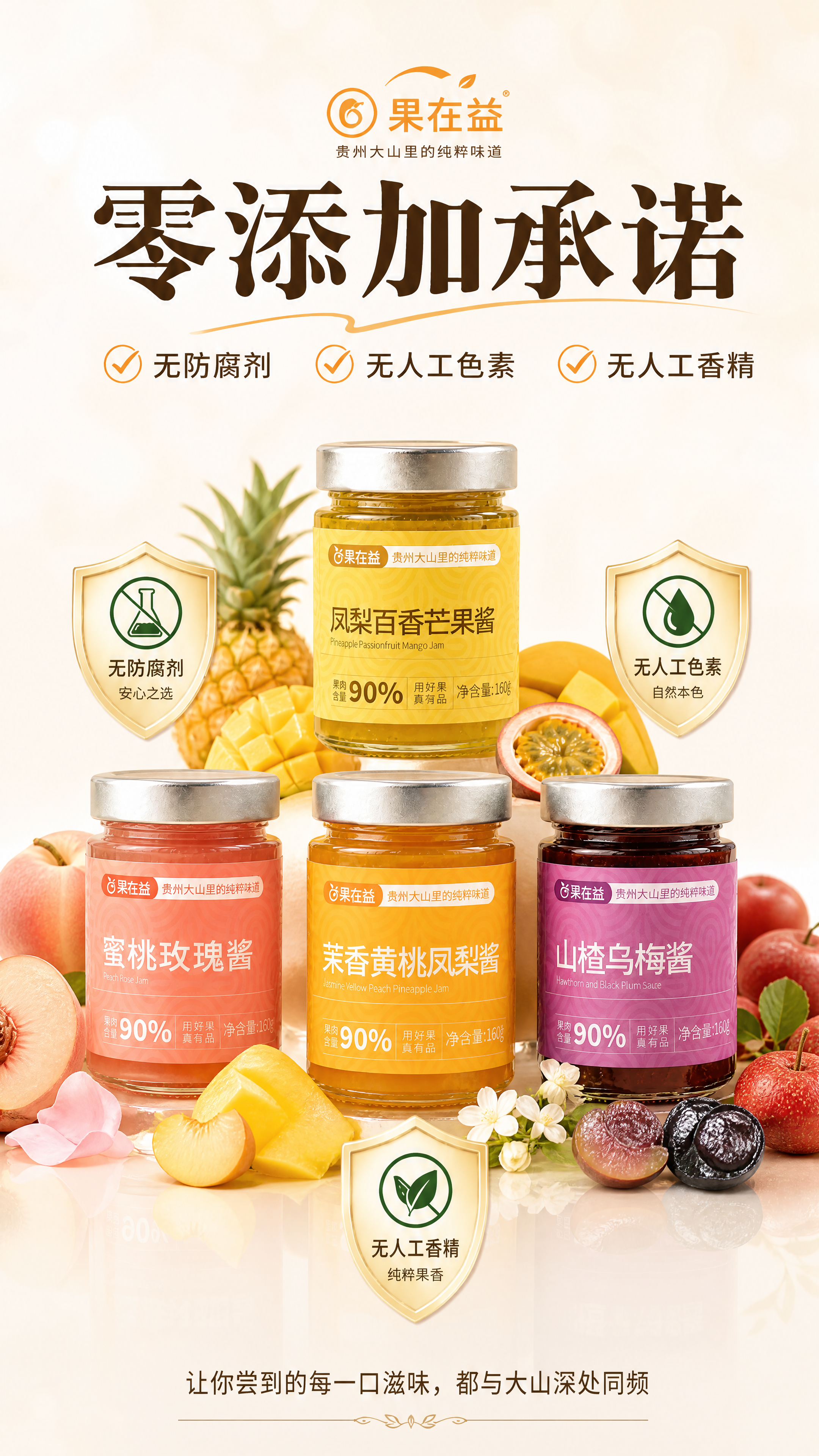将图二（零添加承诺海报）中的三款产品替换为图一（纯熬果酱ban… - 图片创意预览
