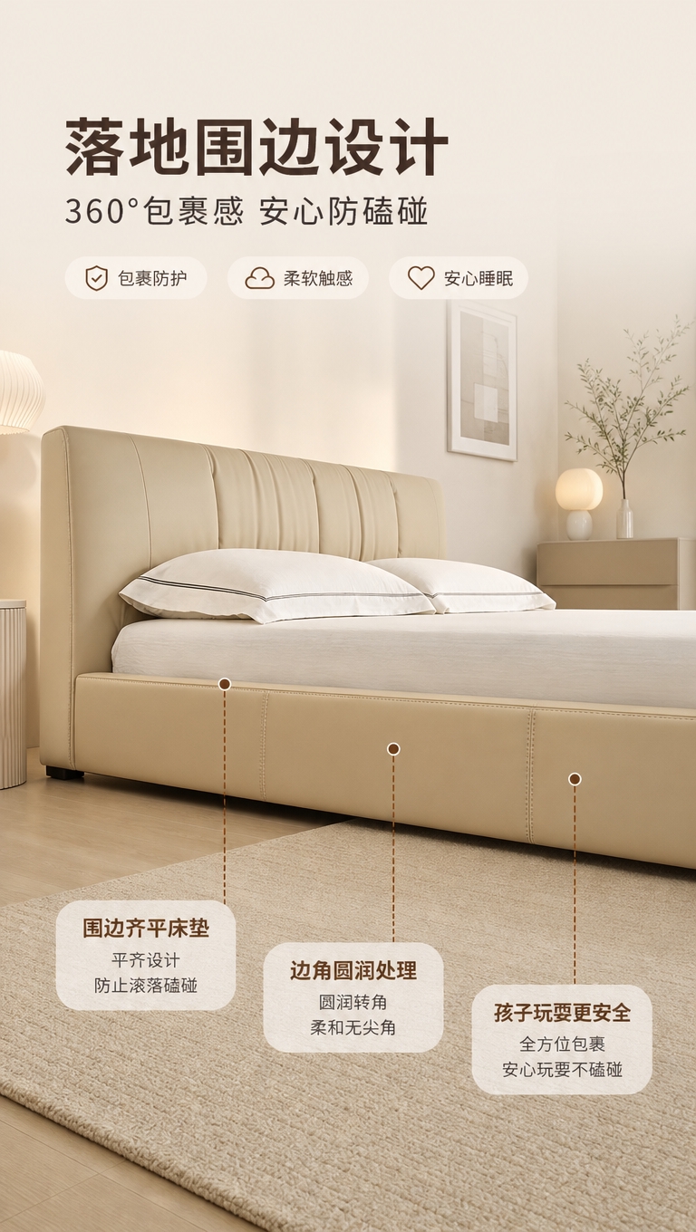 [商品] 使用【图1】卡其米色落地围边布艺软包床；保留落地围边… - 图片创意预览