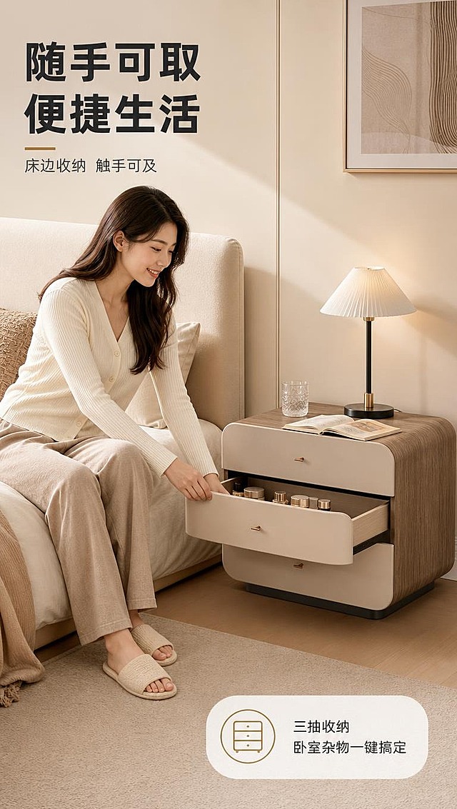 [商品] 使用【图1】DL-8832床头柜；保留圆润弧形边角、三抽抽屉结构、胡桃木色侧板+浅米色马鞍皮抽屉面+深灰色底架、长条形金属拉手；商品处理：保持产品外观、颜色、结构、比例完全一致。
[画面] 目标：真人使用态，沉浸体验日常使用场景。场景嵌入标签型构图，满铺明亮卧室场景；一位亚洲年轻女性（25-30岁，居家休闲装扮）坐在床边，侧身伸手拉开床头柜中层抽屉，正要拿取里面的护肤品；床头柜放在床右侧，旁边有台灯、一杯水、一本打开的书；产品占画面约40%，角度为侧前方；整体氛围温馨自然，像真实居家生活瞬间。
[视觉] 套系策略：风格=现代轻奢亮调商业摄影；标题字=现代简约粗黑体；正文字=简洁无衬线体；主色=暖米白+胡桃木棕；背景延展=基于暖米白做深浅层级、同色渐变和细腻哑光质感；强调色=暖铜金色，仅用于小面积图标、引线和标签；标题色=深炭灰；正文色=中暖灰；组件=圆角浅底信息卡、细线引线、圆形序号标；光影=左前侧暖调自然光，柔和明亮，阴影浅淡。
[文字] 左上角压暗角放主标题「随手可取 便捷生活」，副标题「床边收纳 触手可及」；右下角1行核心利益「三抽收纳 卧室杂物一键搞定」；文字不遮挡人脸与产品主体。
[规格] 图片比例9:16竖版，4K分辨率，避免变形、错字、文字过小、冷蓝/冷灰背景、产品颜色改变、出现极限词。
