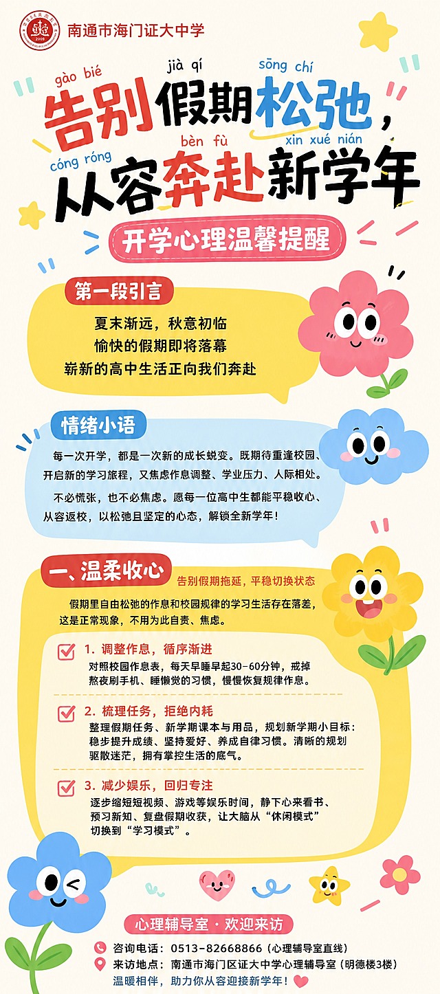 一张竖版开学心理温馨提醒海报，8:18超长高比例，参考图的可爱卡通涂鸦风格，奶油米白色背景，彩色手绘涂鸦元素，活泼可爱的字体设计。版式参考参考图的对话气泡分区结构，从上到下依次排列。

【顶部区域】左上角有"南通市海门证大中学"校徽校名位置，主标题大字号艺术字体写着"告别假期松弛，从容奔赴新学年"，标题周围有拼音标注、星星、引号、线条等涂鸦装饰，风格活泼可爱。副标题圆角标签写着"开学心理温馨提醒"。

【第一部分 引言区】黄色对话气泡框，标题标签写着"第一段引言"，内容：
"夏末渐远，秋意初临
愉快的假期即将落幕
崭新的高中生活正向我们奔赴"
气泡旁边有可爱的卡通花朵表情装饰。

【第二部分 过渡区】浅蓝色对话气泡框，标题标签写着"情绪小语"，内容：
"每一次开学，都是一次新的成长蜕变。既期待重逢校园、开启新的学习旅程，又焦虑作息调整、学业压力、人际相处。
不必慌张，也不必焦虑。愿每一位高中生都能平稳收心、从容返校，以松弛且坚定的心态，解锁全新学年！"
气泡旁边有可爱的卡通云朵表情装饰。

【第三部分 温柔收心区】黄色对话气泡框，标题标签写着"一、温柔收心"，副标题"告别假期拖延，平稳切换状态"，正文："假期里自由松弛的作息和校园规律的学习生活存在落差，这是正常现象，不用为此自责、焦虑。"

三条要点用对勾列表形式：
"1. 调整作息，循序渐进
对照校园作息表，每天早睡早起30-60分钟，戒掉熬夜刷手机、睡懒觉的习惯，慢慢恢复规律作息。"

"2. 梳理任务，拒绝内耗
整理假期任务、新学期课本与用品，规划新学期小目标：稳步提升成绩、坚持爱好、养成自律习惯。清晰的规划驱散迷茫，拥有掌控生活的底气。"

"3. 减少娱乐，回归专注
逐步缩短短视频、游戏等娱乐时间，静下心来看书、预习新知、复盘假期收获，让大脑从"休闲模式"切换到"学习模式"。"

【底部区域】可爱的卡通花朵、星星、爱心涂鸦元素散落四周，底部有联系方式区域："心理辅导室 · 欢迎来访"。整体配色：米白底色 + 红黄蓝粉多彩配色 + 黑色可爱字体，充满童趣活泼的手绘涂鸦风格，与参考图风格一致。

所有文字内容必须完整保留，信息分区清晰，排版精美。画面中所有信息区域必须填充完整合理的内容，不得出现空白框。画面中不得出现二维码或二维码占位符。画面中所有数字必须精确渲染。