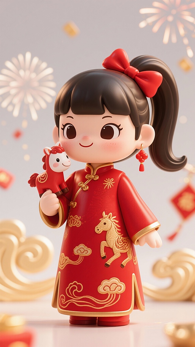 C4D 建模风格，2026 新年恭贺主题 IP 形象，可爱元气的高马尾小女孩，齐刘海 + 高扎红色丝带蝴蝶结马尾，灵动杏眼笑眼弯弯，脸颊带喜庆红晕，身穿喜庆正红色国风新中式连衣裙，衣摆点缀金色祥云纹样与马纹刺绣，融合生肖马元素 —— 女孩肩头趴伏一只萌态卡通小马，小马通体赤红配鎏金纹路，与女孩造型呼应，整体造型圆润饱满，3D 立体质感，光影通透柔和，金属质感与布艺质感细腻，新年喜庆氛围拉满，色彩以大红 + 鎏金为主色调，背景点缀浅金祥云与新年烟花，构图居中，高清 8K，细节拉满，IP 形象商用级设计，简洁干净背景，萌系治愈风格