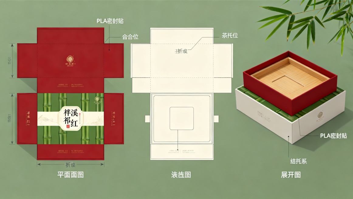 生成磻溪祁红双赛道包装设计图，礼品包装为竹纤维榫卯盒+热敏油墨工艺+AR二维码的三维效果图和平面展开图，电商包装为可展开展示盒+茶托结构+PLA密封贴的三维效果图和平面展开图，整体风格融合非遗工艺与现预览效果