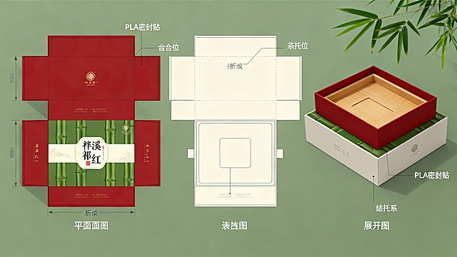 生成磻溪祁红双赛道包装设计图，礼品包装为竹纤维榫卯盒+热敏油墨工艺+AR二维码的三维效果图和平面展开图，电商包装为可展开展示盒+茶托结构+PLA密封贴的三维效果图和平面展开图，整体风格融合非遗工艺与现代环保理念，色彩采用朱砂红、竹青、米白的自然色系
