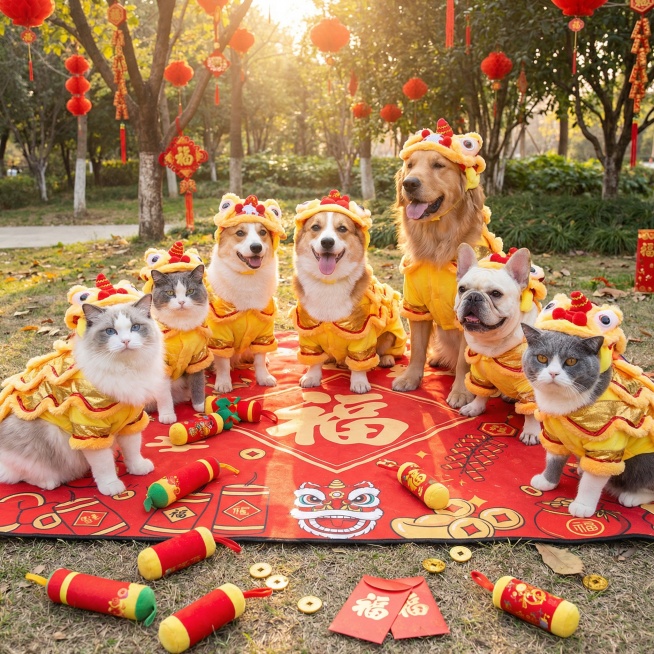 一只柯基犬穿着金黄色加红色镶边的宠物舞狮服，在纯白色背景下开心奔跑，吐舌微笑，服装的狮头造型和波浪纹裙摆清晰可见，画面清晰明亮，突出服装整体版型。
俯视角度拍摄：穿着舞狮服的猫咪趴在红色新年地毯上，狮预览效果