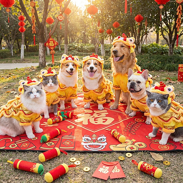 一只柯基犬穿着金黄色加红色镶边的宠物舞狮服，在纯白色背景下开心奔跑，吐舌微笑，服装的狮头造型和波浪纹裙摆清晰可见，画面清晰明亮，突出服装整体版型。
俯视角度拍摄：穿着舞狮服的猫咪趴在红色新年地毯上，狮头帽端正戴在头上，服装的金色绒毛质感和红色装饰细节清晰，背景简洁干净，突出产品萌趣感。
正面平视：穿着舞狮服的中小型犬（如泰迪）站立在纯色背景前，服装的立体狮头造型和蓬松裙摆完整展示，表情活泼，营造喜庆氛围。
🎬 场景图提示词
新年家庭场景：穿着舞狮服的狗狗在贴有春联、福字的客厅里，周围摆放着年货和红灯笼，主人伸手互动，营造热闹温馨的春节氛围。
户外街拍场景：穿着舞狮服的柯基在挂满红灯笼的古巷里散步，路人投来微笑目光，背景是古色古香的中式建筑，突出服装的节日吸睛效果。
宠物聚会场景：多只猫狗穿着同款不同尺寸的舞狮服，围坐在红色新年主题的野餐垫上，周围散落着鞭炮造型玩具和红包，展现服装的猫狗通用性和节日氛围感。
拜年互动场景：穿着舞狮服的狗狗蹲坐在长辈脚边，长辈手持红包准备投喂，背景是中式实木家具和新春插花，传递春节拜年的喜庆感。
🔍 详情图提示词
材质细节：特写舞狮服的金色绒毛面料，展示加厚保暖的质感，红色镶边的缝线细节清晰，旁边放着一个软尺，体现服装的厚实做工。
版型细节：平铺展示舞狮服，标注领口魔术贴、裙摆松紧带、四肢开口的设计，旁边搭配一只狗狗模特的上身效果小图，突出服装的易穿脱和贴合性。
尺寸对比：不同尺码的舞狮服整齐排列，旁边放着对应体型的猫狗剪影（如吉娃娃、英短、柯基），清晰展示尺码适配范围。
动态细节：穿着舞狮服的狗狗在草地上小跑，抓拍裙摆随动作摆动的效果，展示服装的灵活性和不束缚特点。