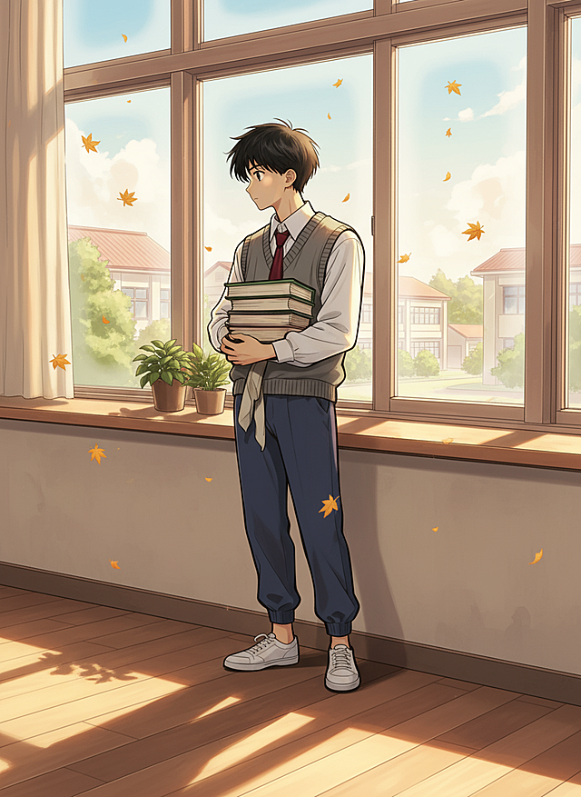 将线稿优化，并变为日漫风格并进行上色，增加校园氛围的背景，窗外树叶飘落